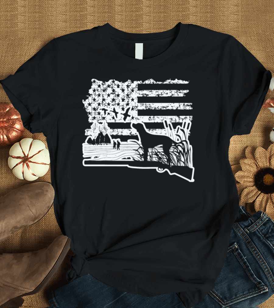 American Flag with Duck Hunting Scene and Rifle T-Shirt
