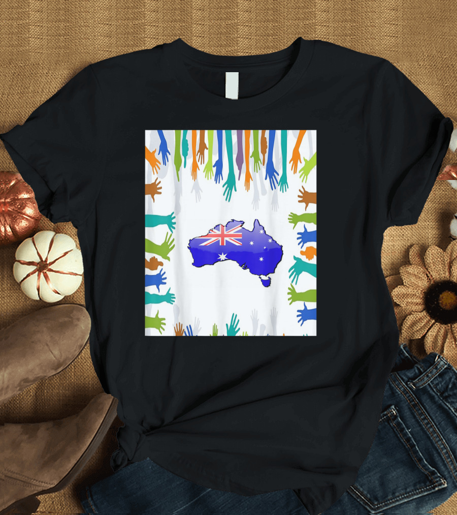 Australia Day January Map Flag Multicolored Hands T-Shirt