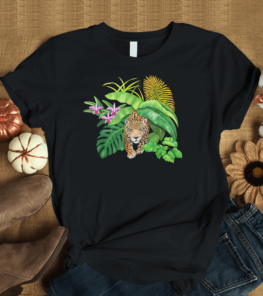 Jaguar in Amazonian Foliage with Orchid Flowers and Tropical Leaves T-Shirt