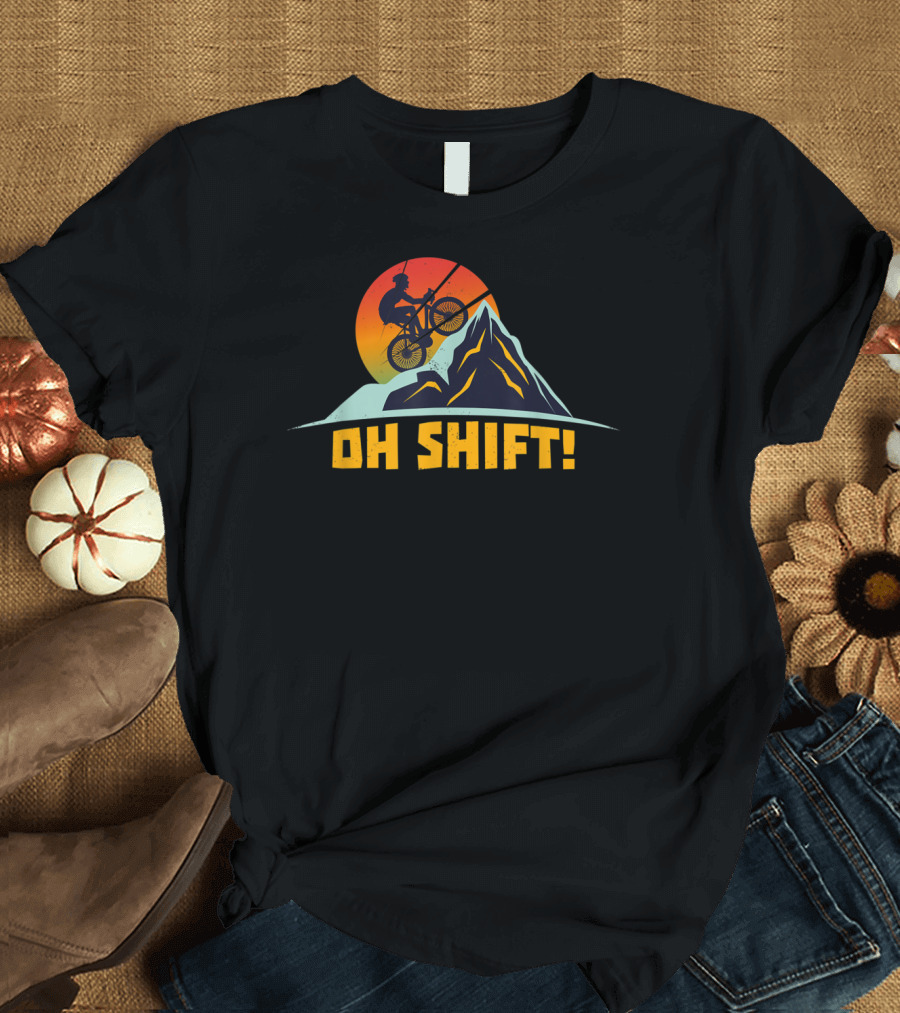 Bicyclist Oh Shift Mountain Bike Silhouette Sunset Vintage T-Shirt