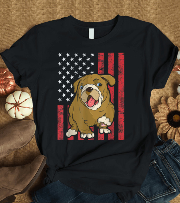T-Shirt: Bulldog Puppy Over American Distressed Flag T-Shirt Bulldog Puppy Over American Distressed Flag T-Shirt