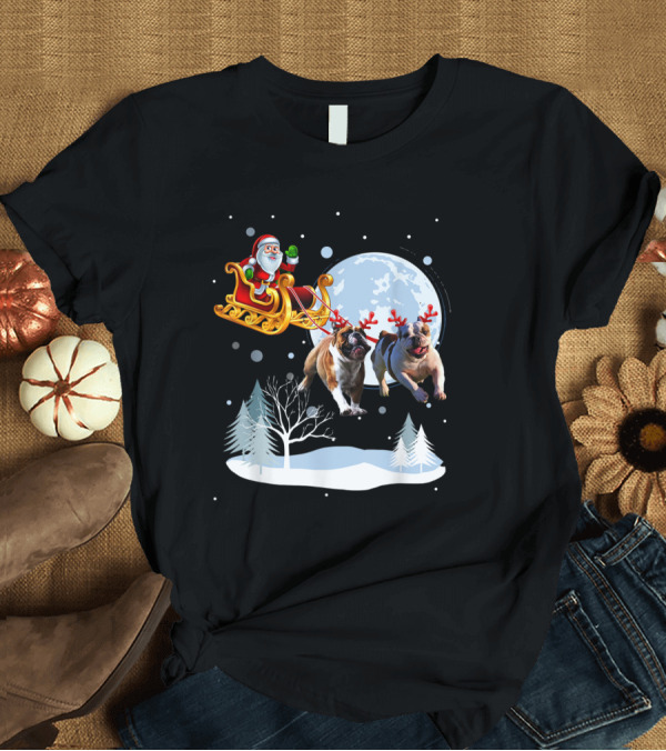 T-Shirt: Santa Sleigh Flying Bulldogs Christmas Reindeer Moon Snow Scene T-Shirt Santa Sleigh Flying Bulldogs Christmas Reindeer Moon Snow Scene T-Shirt