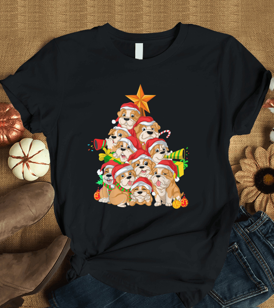 English Bulldog Puppies Christmas Tree with Santa Hats and Presents T-Shirt