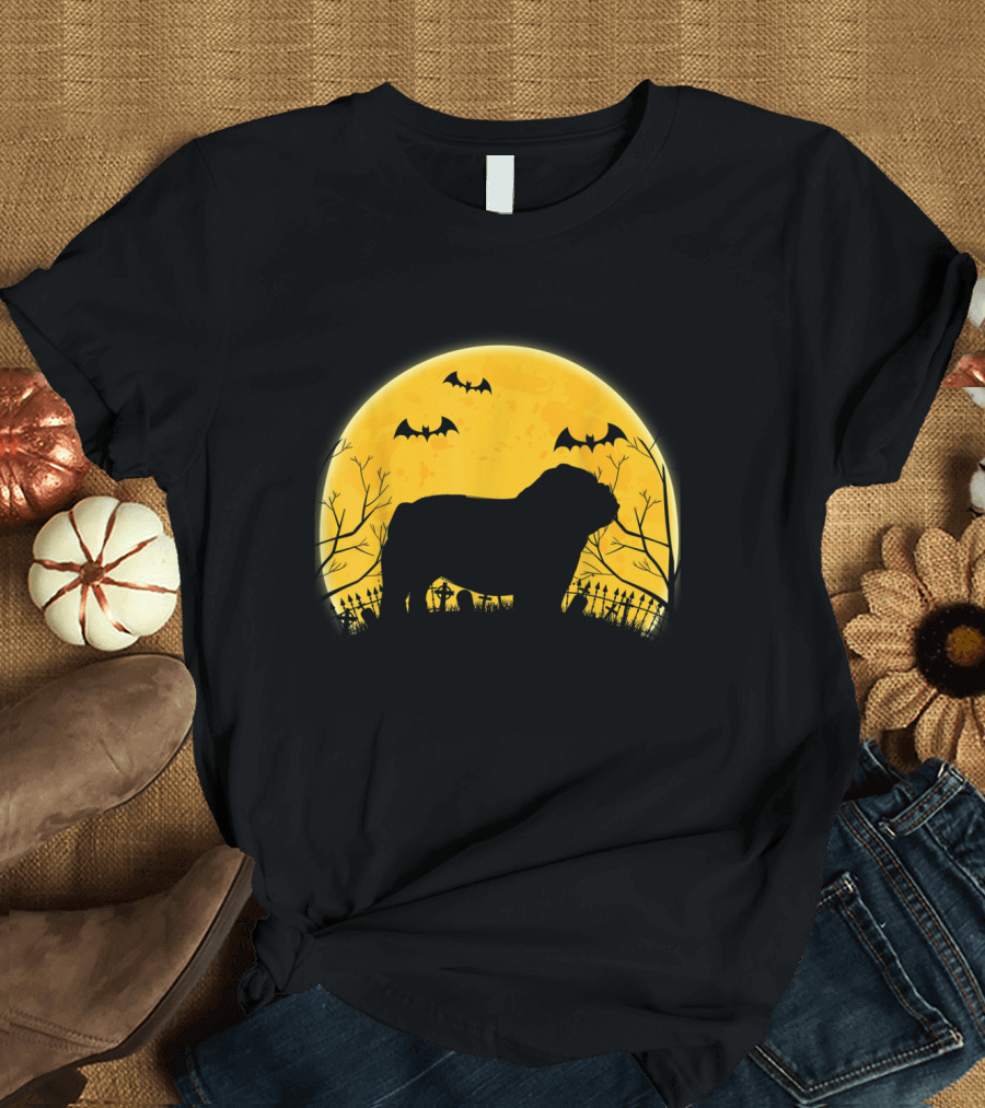 English Bulldog Silhouette with Halloween Moon and Bats T-Shirt