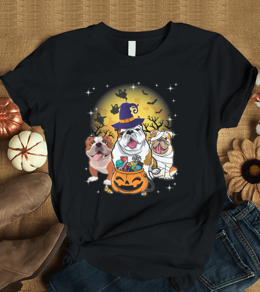English Bulldog Halloween Trio Mummy Witch Moon Ghosts T-Shirt