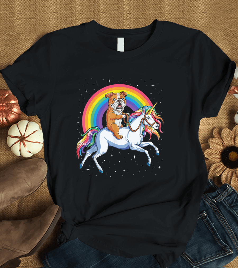 English Bulldog on Rainbow Unicorn in Galaxy Space T-Shirt