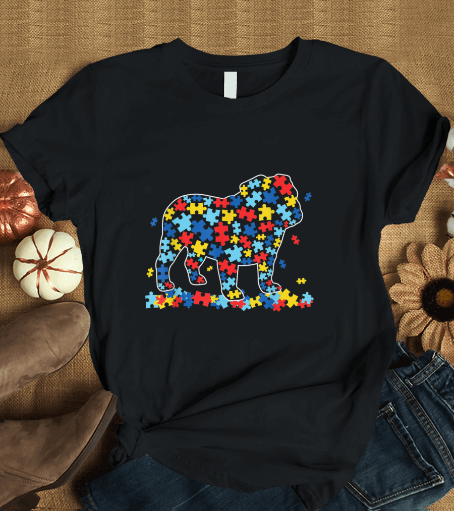 Autism Awareness Puzzle Bulldog Dog Dad T-Shirt