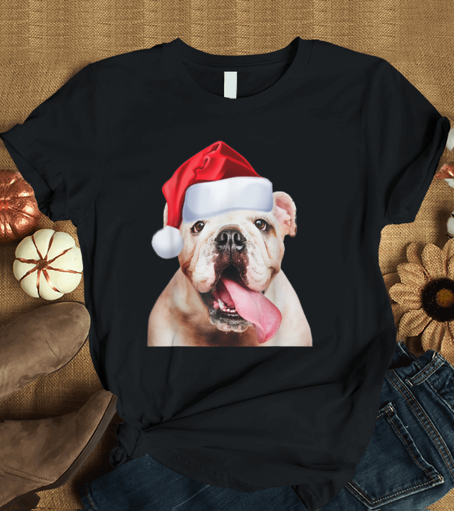White English Bulldog Santa Hat Cute Christmas Image T-Shirt