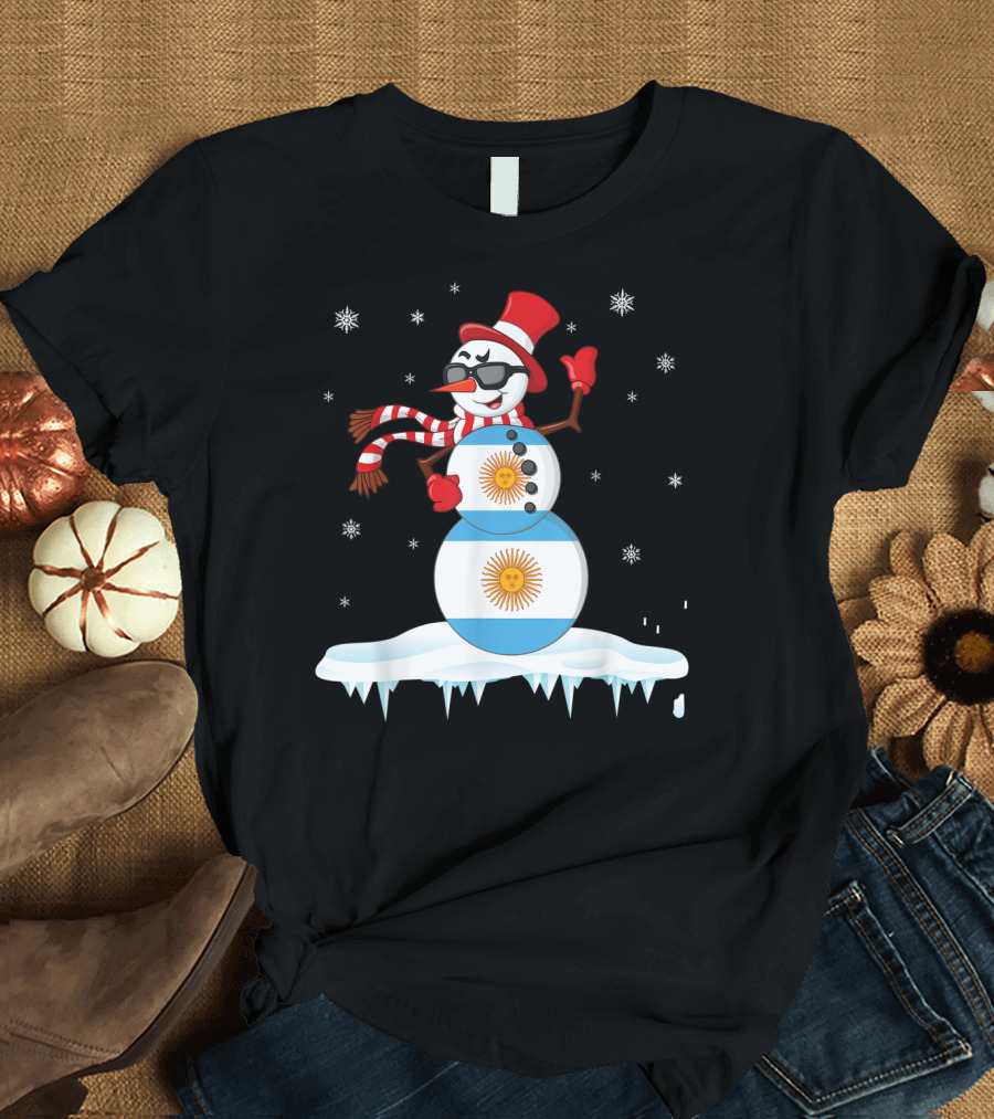 Argentinian Snowman with Flag and Sunglasses Dancing on Ice with Snowflakes T-Shirt