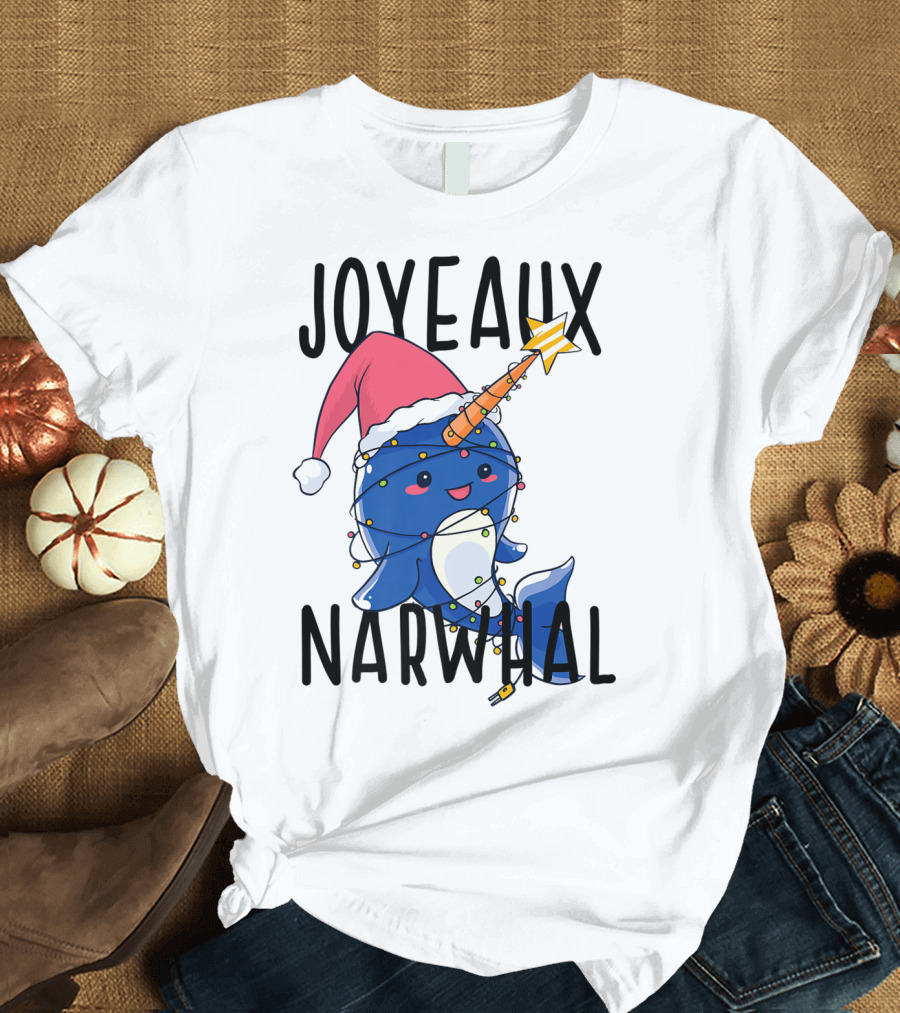 Joyeaux Narwhal Christmas Santa Hat Lights Fun Pun Noel T-Shirt