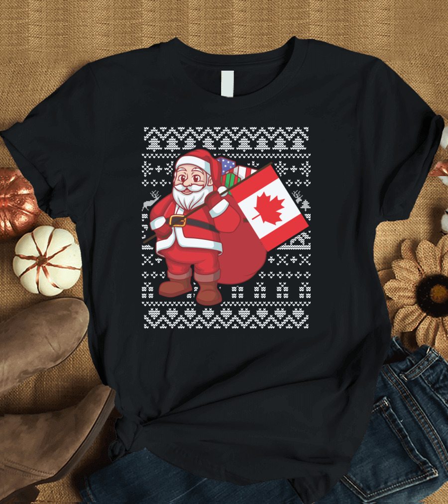 Santa With Big Noel Present Bag and Canadian Flag Christmas Print T-Shirt