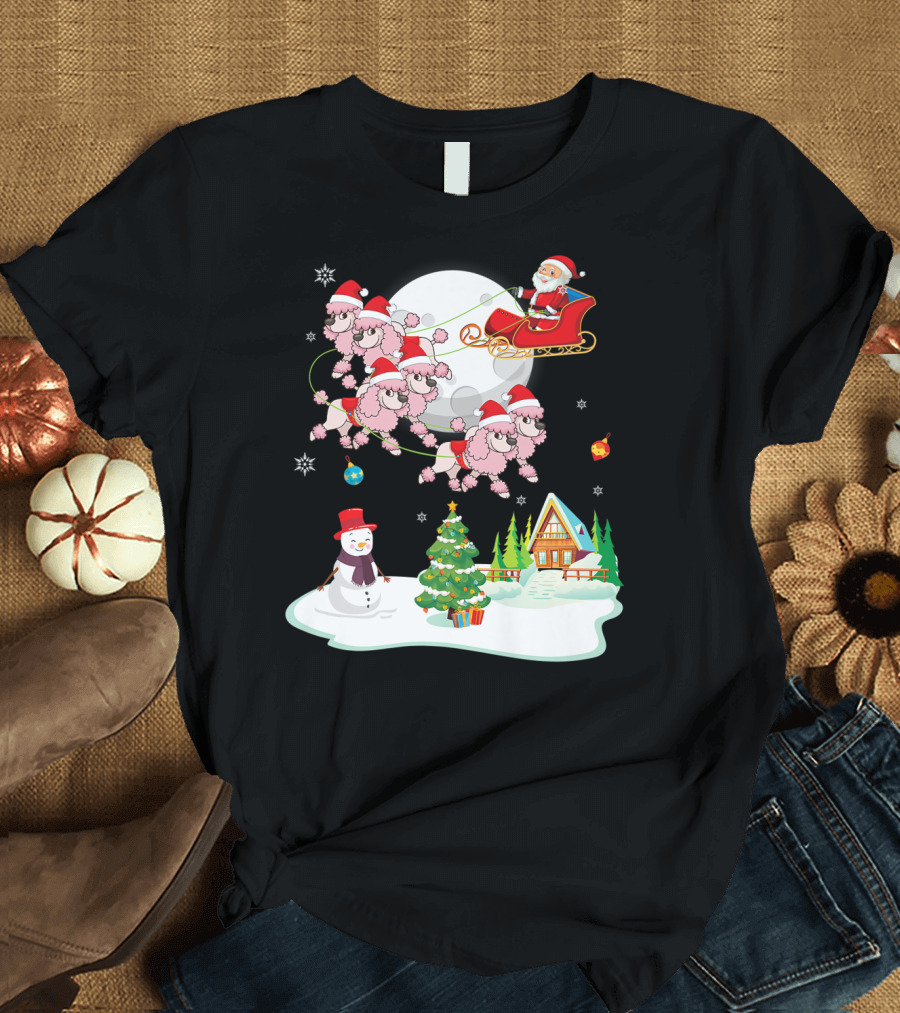 Santa Claus Flying with Poodle Dogs Sleigh Over Snowman and Christmas Tree Scene T-Shirt