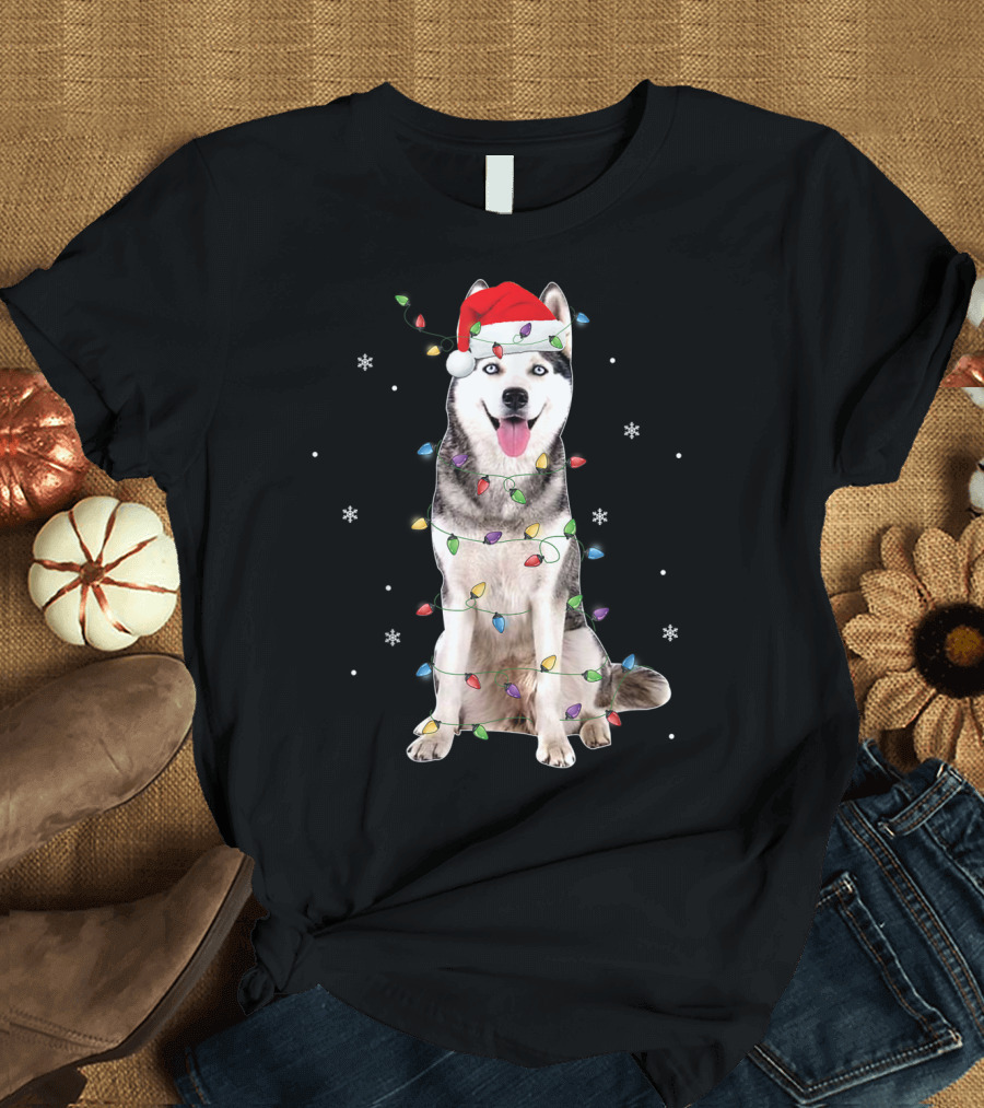 Siberian Husky Christmas Funny Santa Wrapped in Holiday Lights with Snowflakes T-Shirt