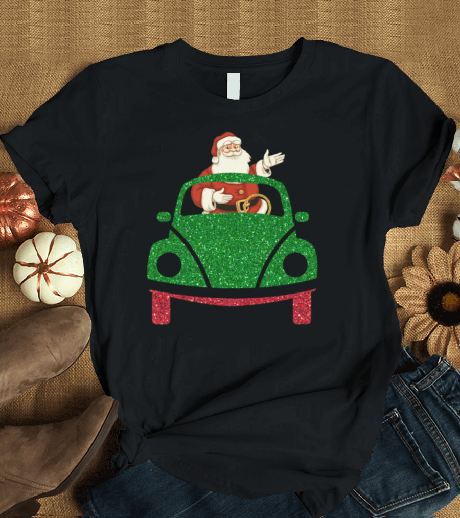 Santa Is Coming in Sparkly Green Car T-Shirt