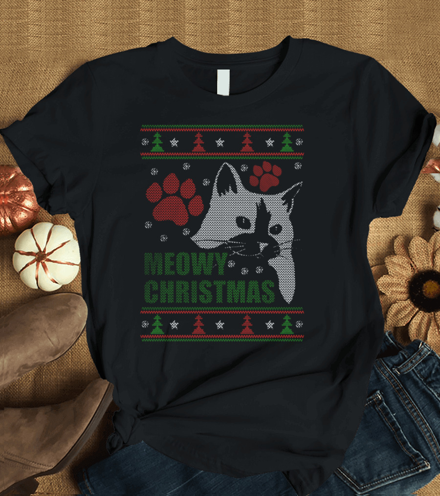 Meowy Christmas Cat with Red Paw Prints and Festive Tree T-Shirt