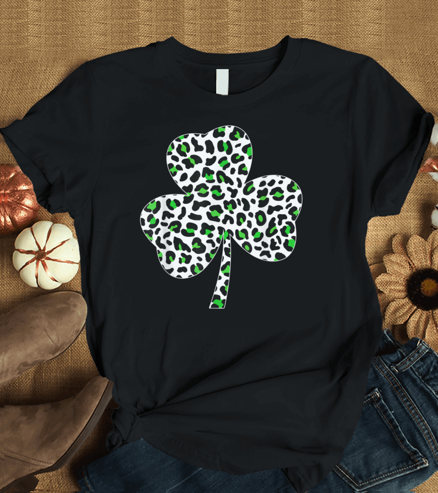 Shamrock Leopard Print Pattern Black and Green T-Shirt