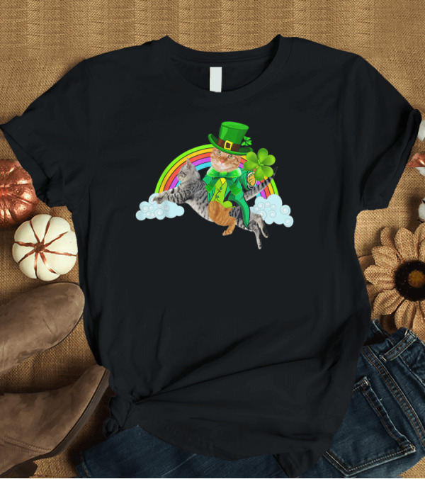 T-Shirt: Leprechaun Cat Riding Cat Rainbow Clover St Patricks T-Shirt Leprechaun Cat Riding Cat Rainbow Clover St Patricks T-Shirt