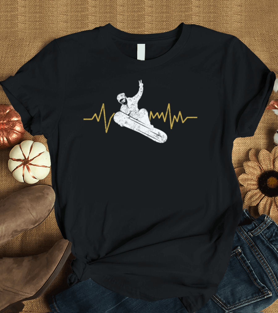 Snowboarder Heartbeat EKG Line with Jumping Snowboarder T-Shirt