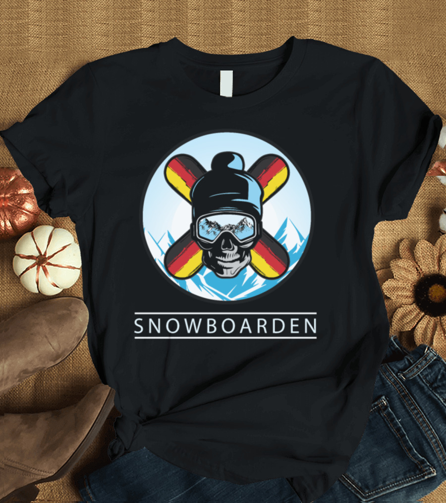 Snowboarden Skull with Mountains and Crossed Snowboards T-Shirt