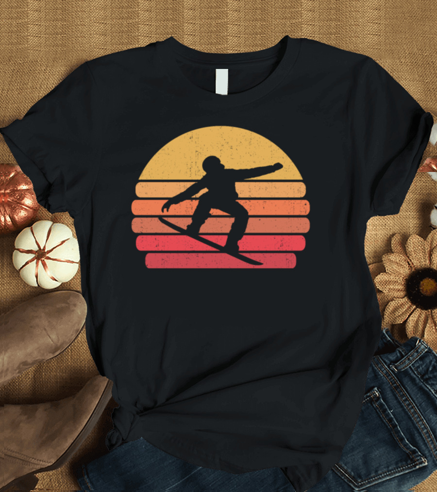 Snowboarder Silhouette Against Retro Sunburst Snowboarding Scene T-Shirt