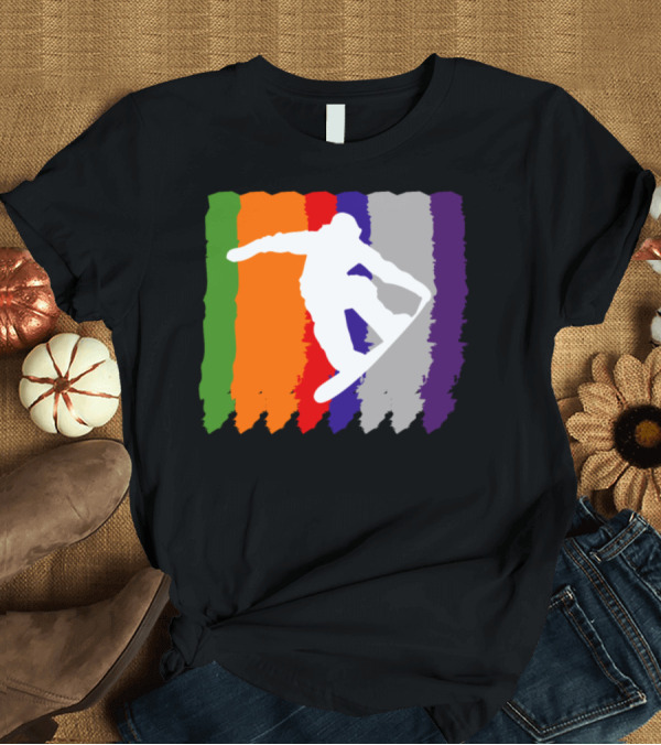 T-Shirt: Snowboarding Skiing Mountain Sports Silhouette with Color Stripes T-Shirt Snowboarding Skiing Mountain Sports Silhouette with Color Stripes T-Shirt