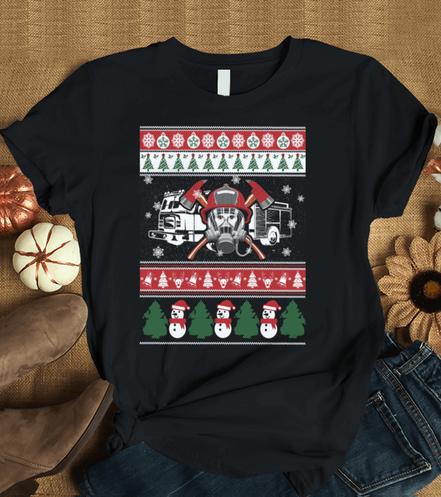 Firefighter Christmas Festive Holiday Sweater Design with Fire Truck and Axes T-Shirt