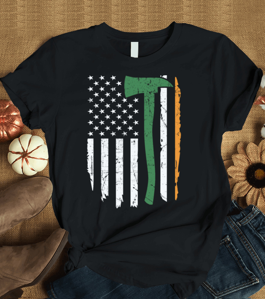 Irish Firefighter Axe with American Flag T-Shirt