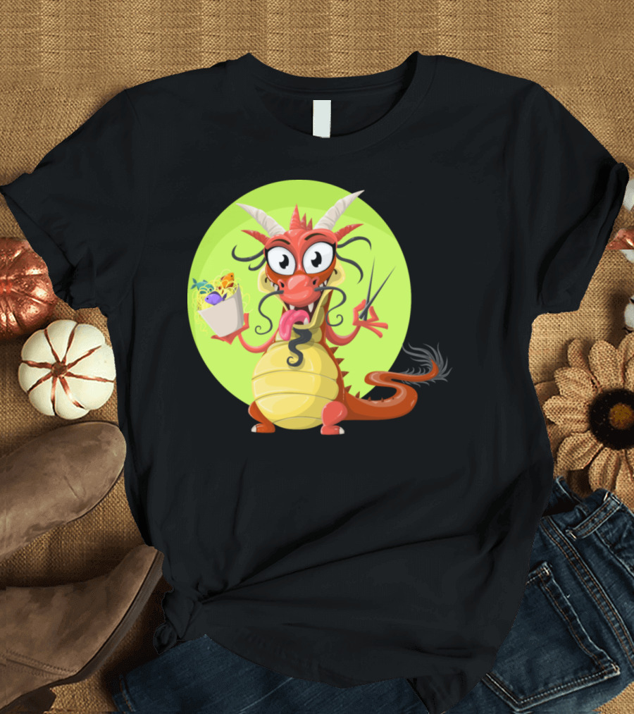 Dragon Drache Monster Noodles Cartoon Character with Noodles and Chopsticks T-Shirt