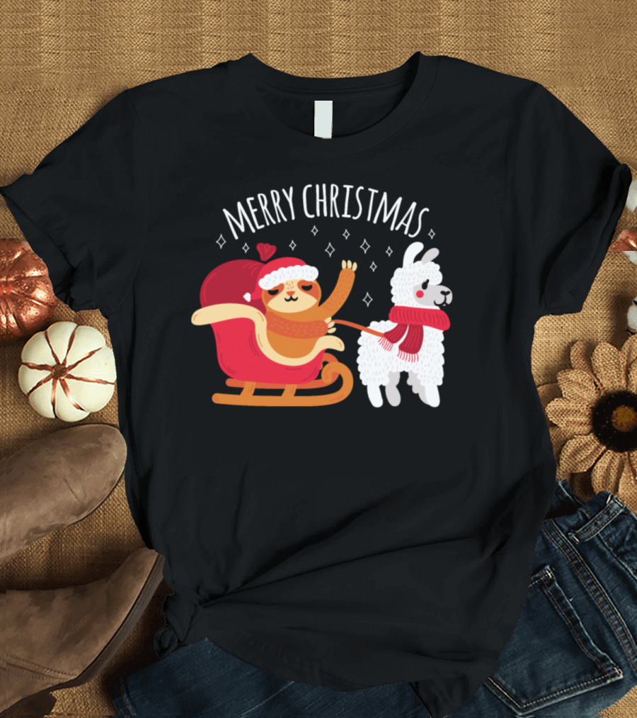 Merry Christmas Reindeer Sloth Llama Santa Sleigh T-Shirt