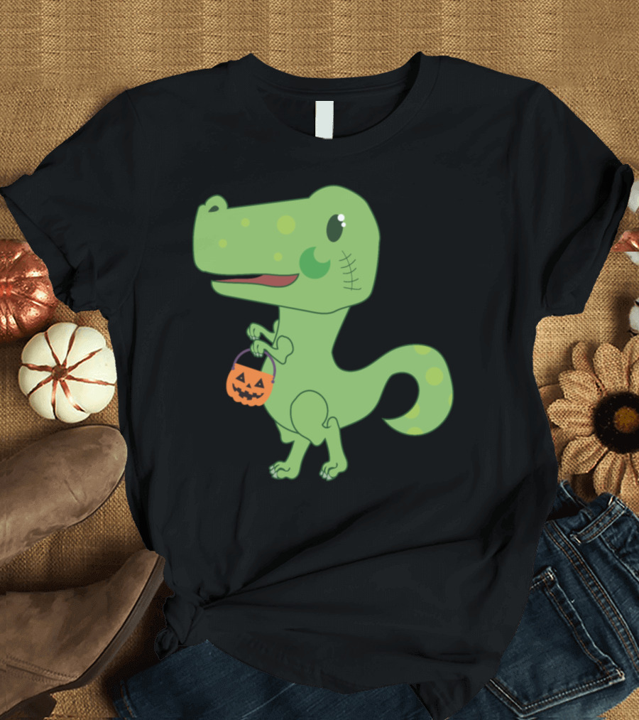 Halloween Trex Dinosaur Holding Pumpkin Basket T-Shirt