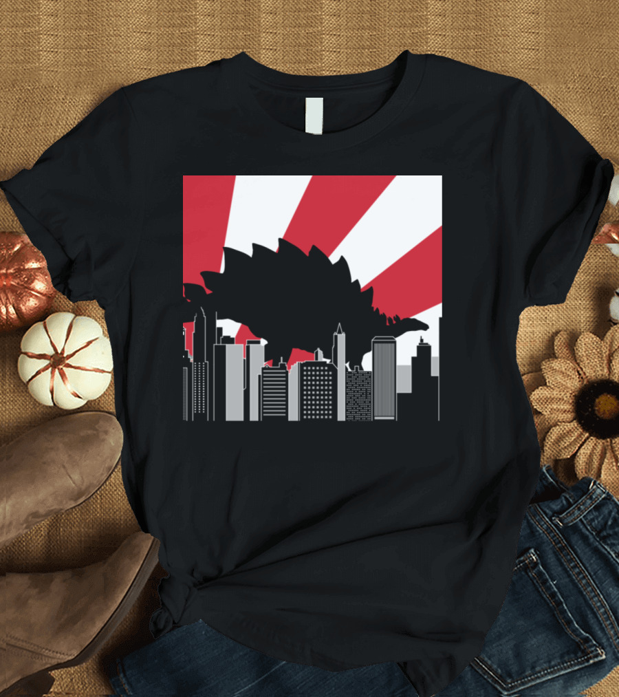 Stegosaurus Tokyo Japan City Dinosaur Skyline Red Sunburst T-Shirt