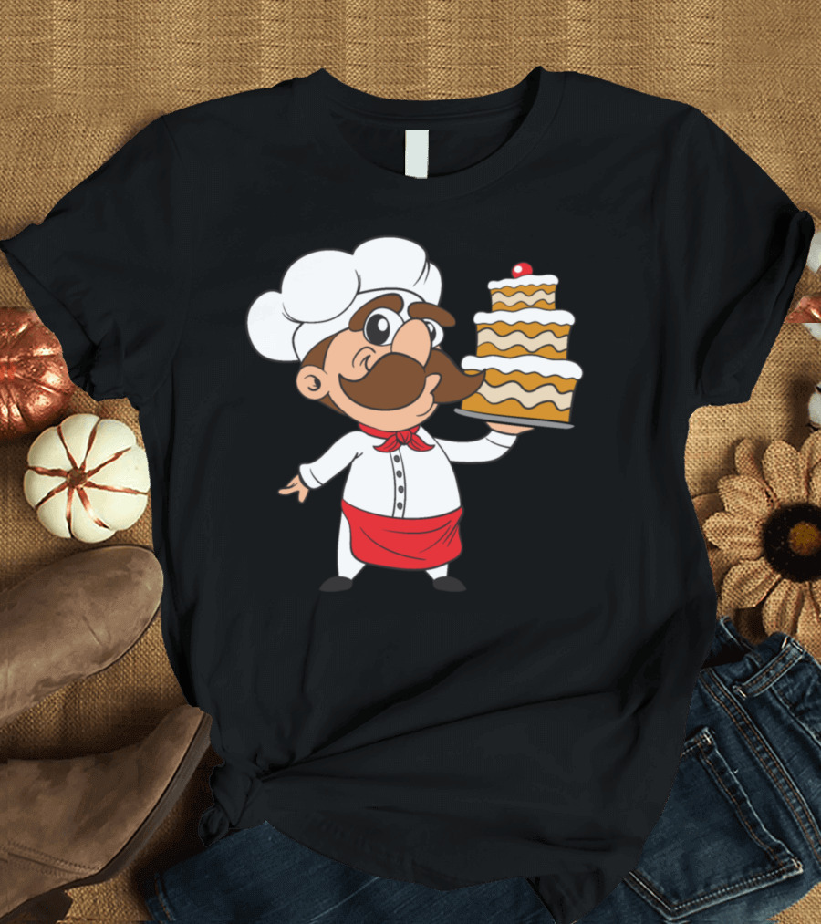 Cake Baker Holding Layered Bakery Cake with Chef Hat and Mustache T-Shirt