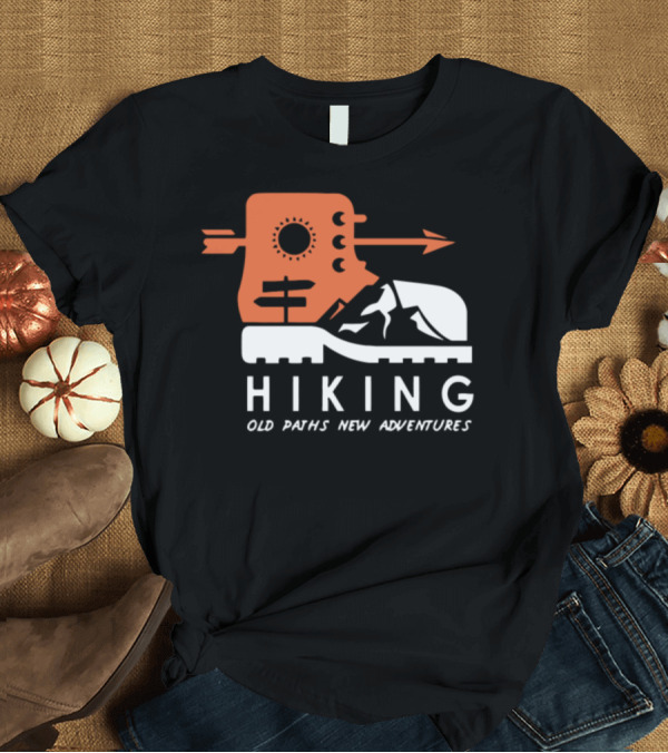 T-Shirt: Hiking Old Paths New Adventures Mountain Boot and Arrow Emblem T-Shirt Hiking Old Paths New Adventures Mountain Boot and Arrow Emblem T-Shirt