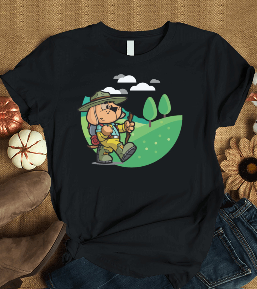 Adventurous Hiking Dog with Walking Stick and Backpack in Scenic Landscape T-Shirt