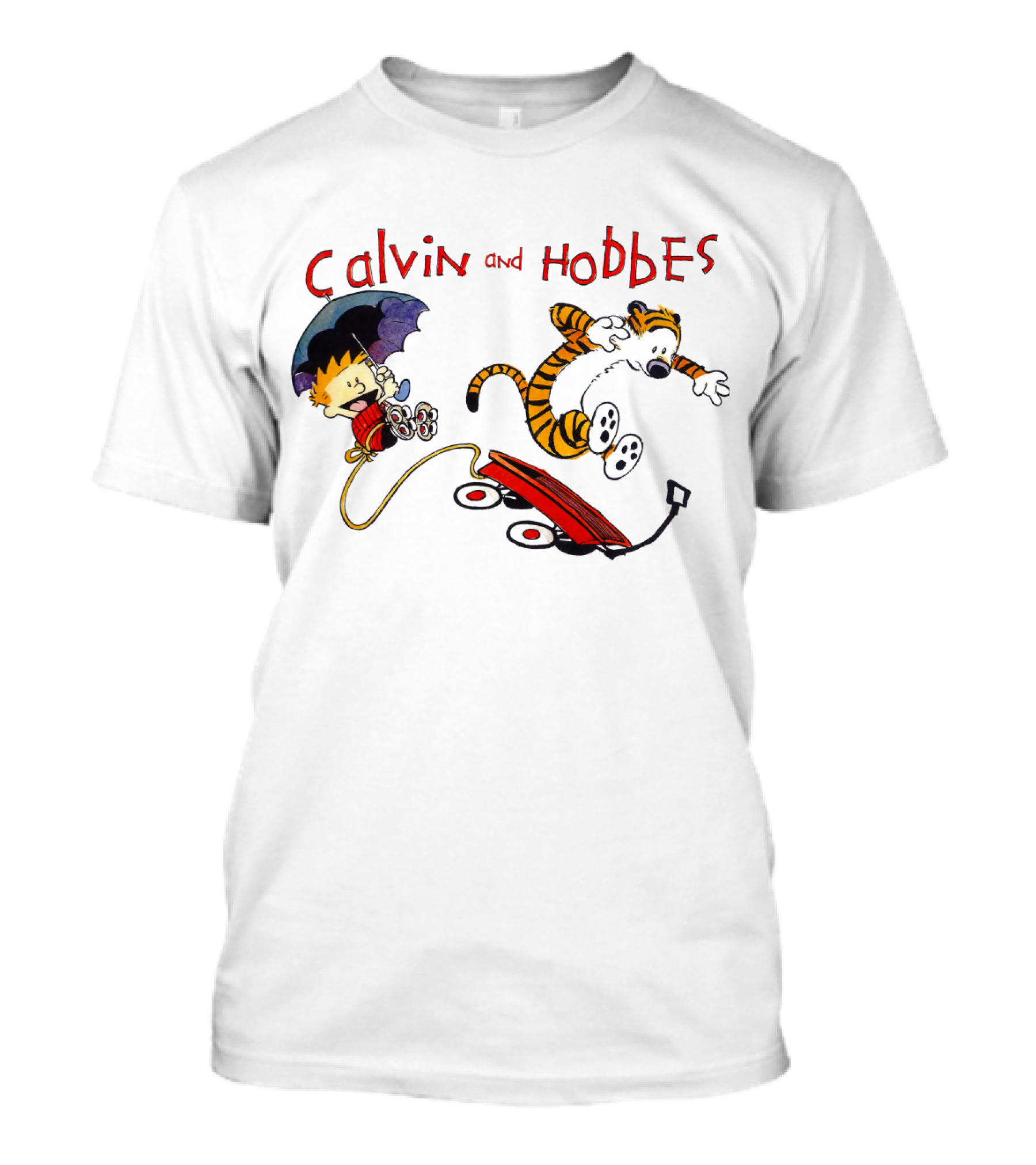 Calvin And Hobbes Adventure With Red Wagon And Umbrella T-Shirt