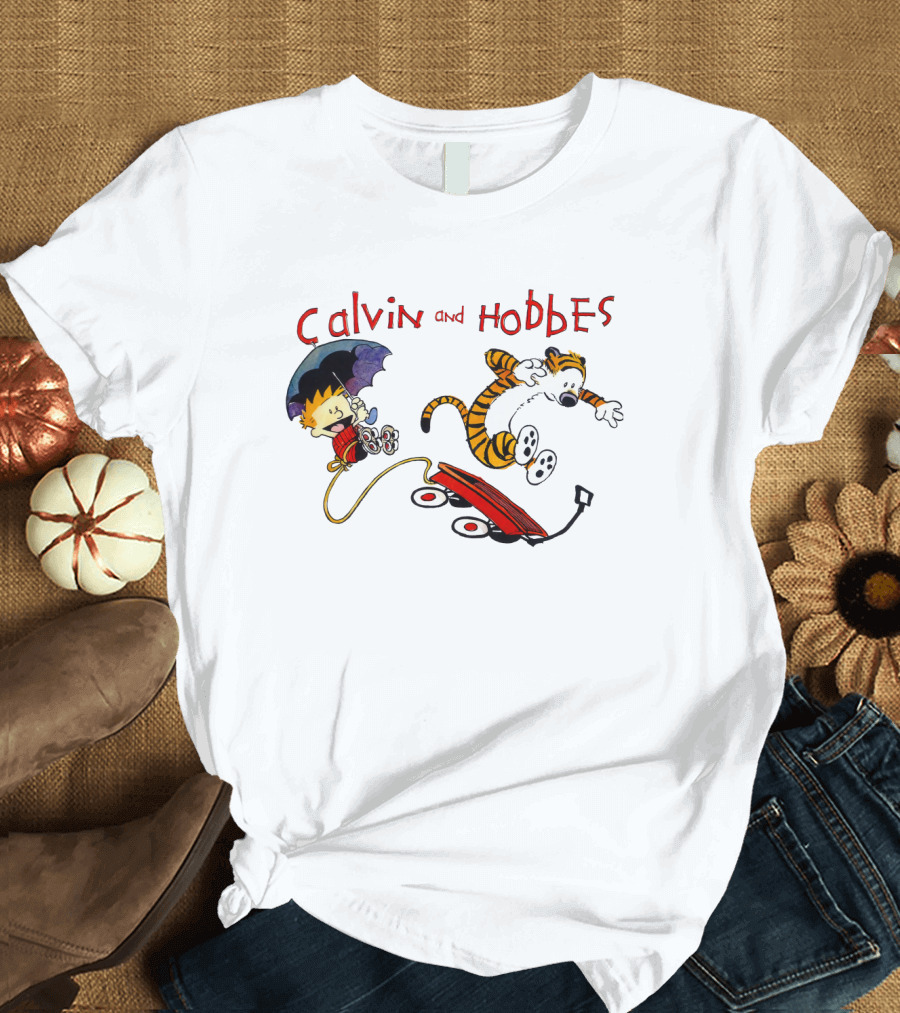 Calvin and Hobbes Adventure with Red Wagon and Umbrella T-Shirt