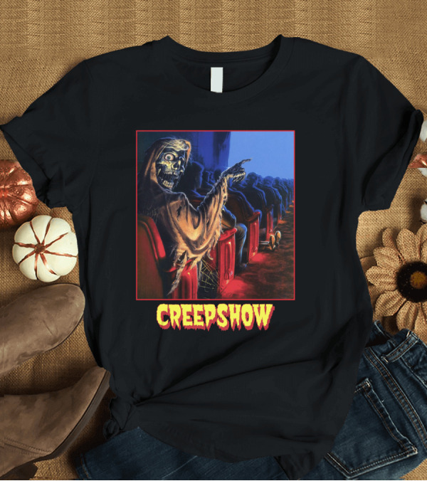 T-Shirt: Creepshow Skeleton Ushers Menacing Audience in Theater Scene T-Shirt Creepshow Skeleton Ushers Menacing Audience in Theater Scene T-Shirt
