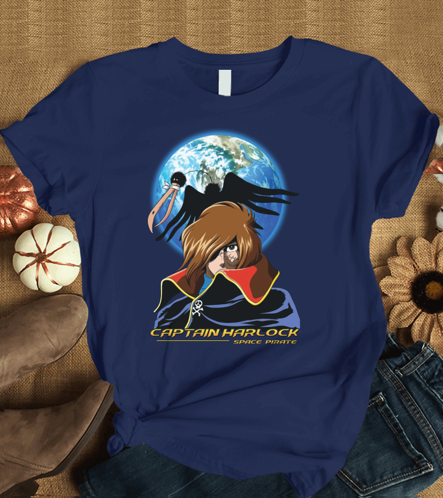 Captain Harlock Space Pirate Anime Icon With Earth and Black Bird T-Shirt