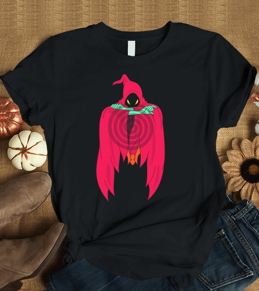Shadow Weaver Enigmatic Hooded Phantom with Red Cape and Yellow Eyes T-Shirt
