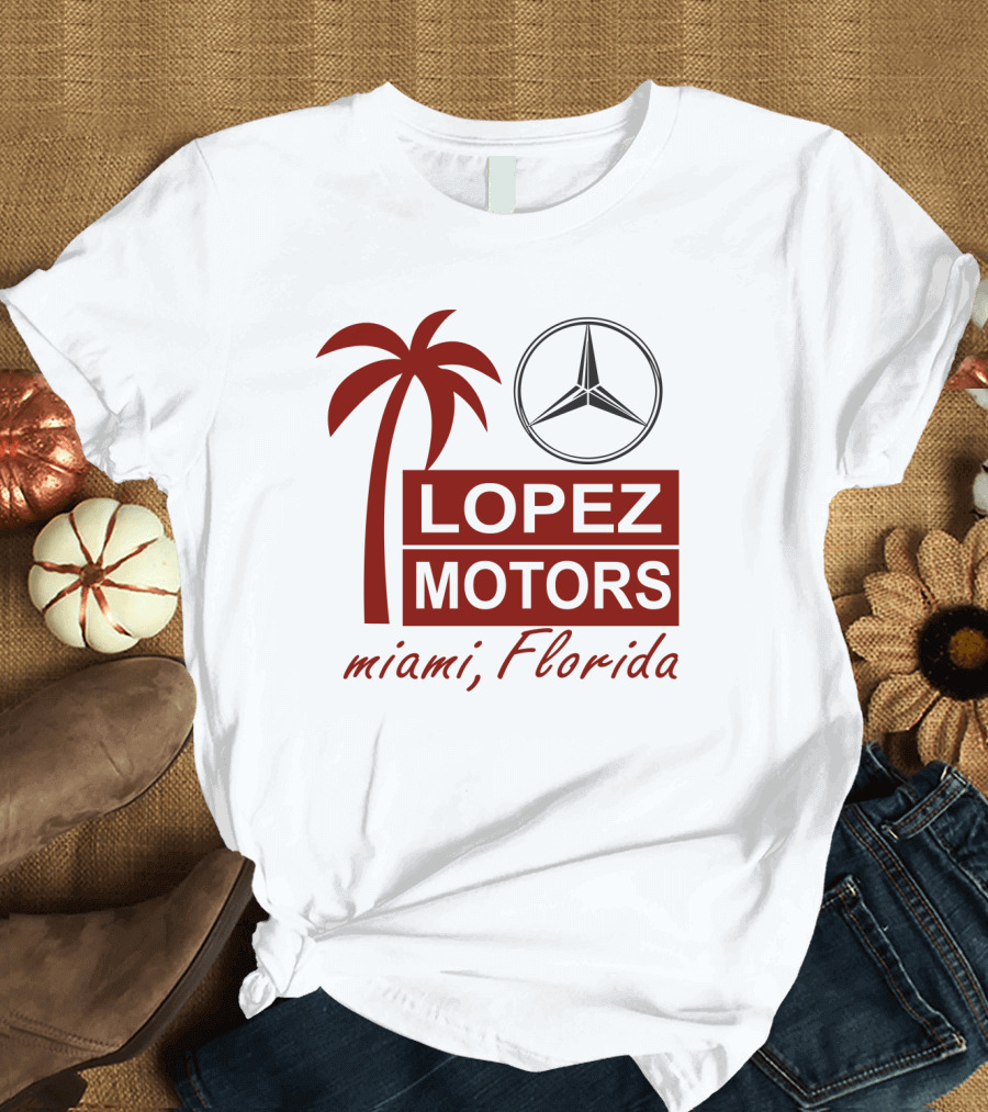Lopez Motors Miami Florida Scarface Palm Tree Mercedes Benz Star T-Shirt