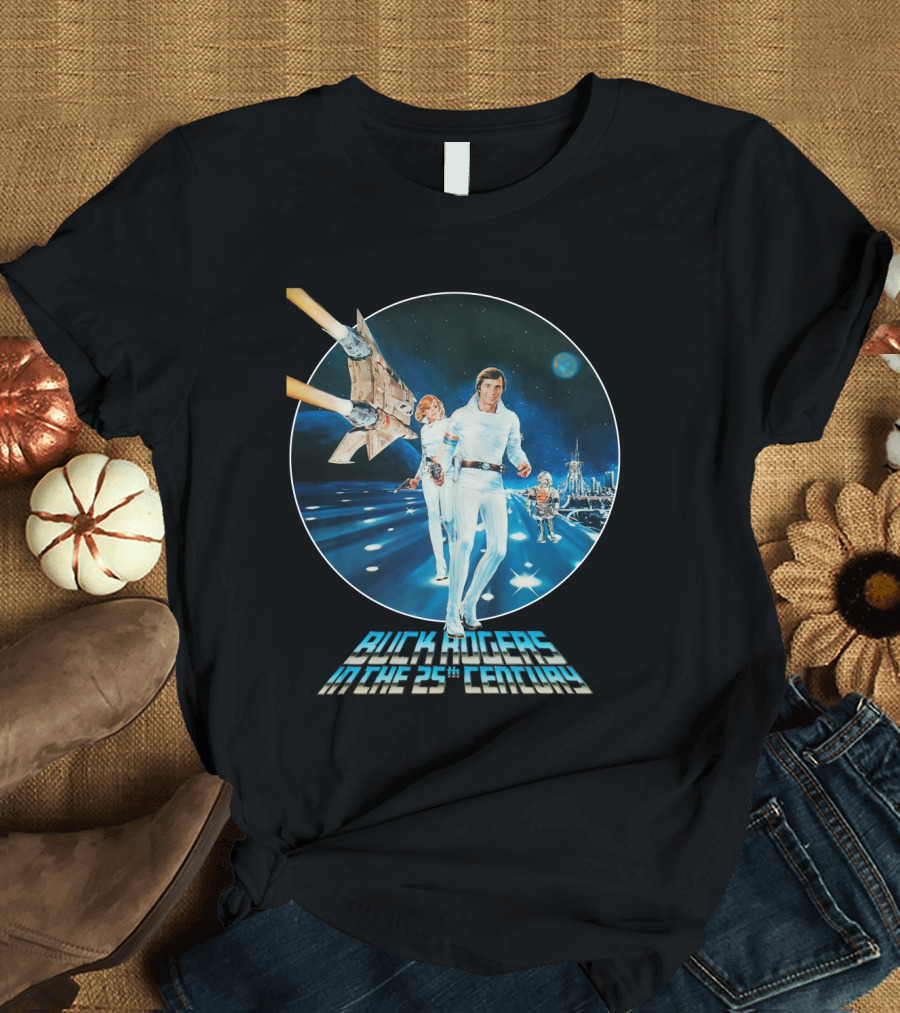Buck Rogers in the 25th Century Space Adventure Crew and Starship on Futuristic Landscape T-Shirt