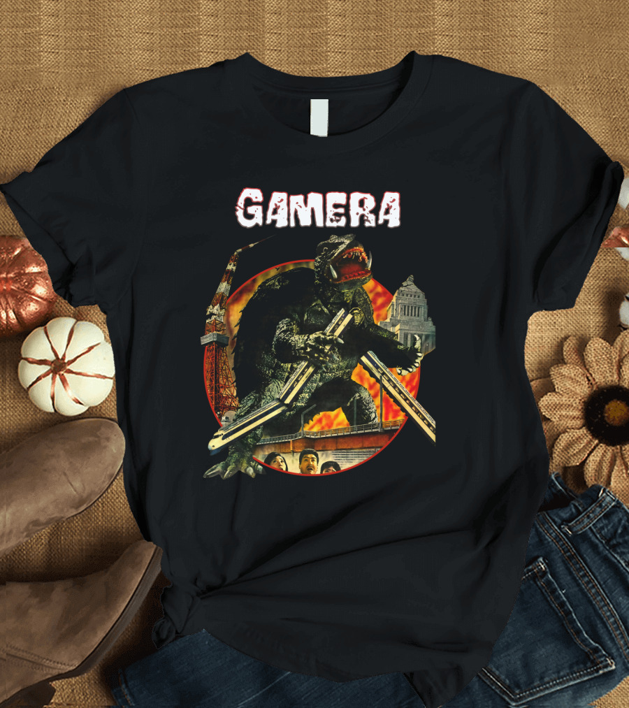 Gamera Monster Clash with Iconic Japanese Tower and Cityscape Scene T-Shirt