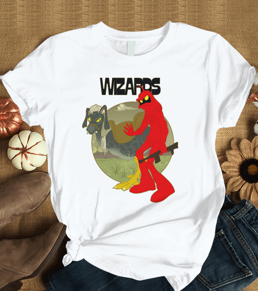 Wizards Animation Character with Red Humanoid and Armed Bird T-Shirt