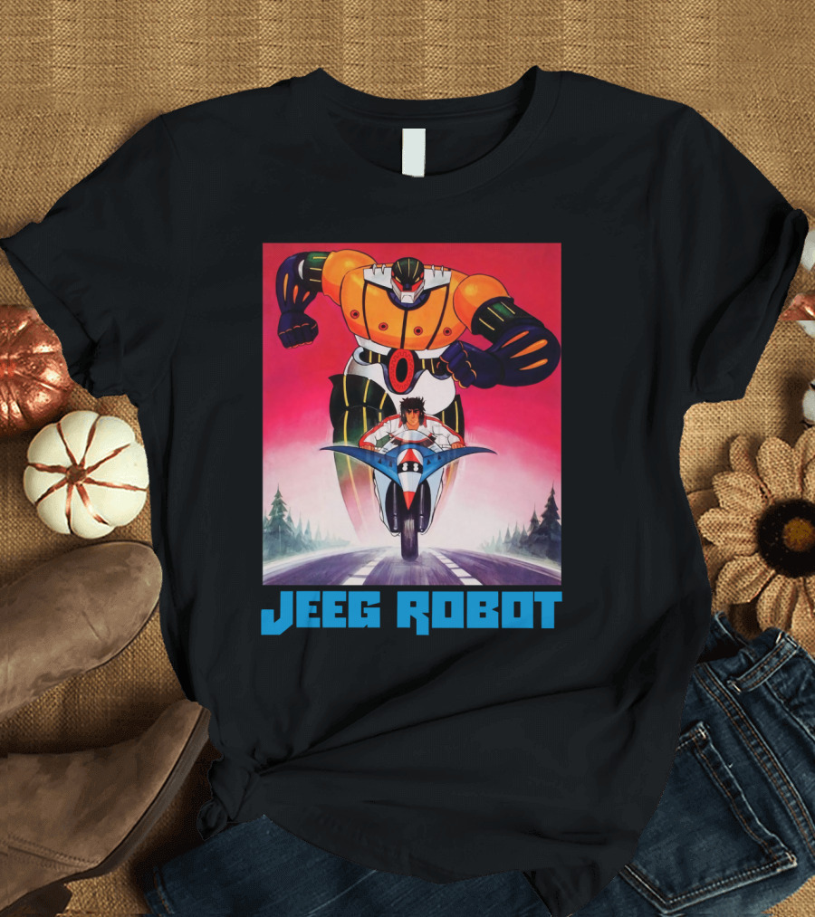 Jeeg Robot Anime Character with Motorcycle Racing T-Shirt