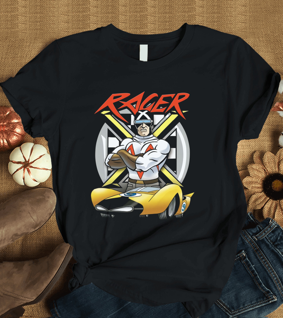 Racer Speed Racer Character with Yellow Car and Checkered Flag Background T-Shirt