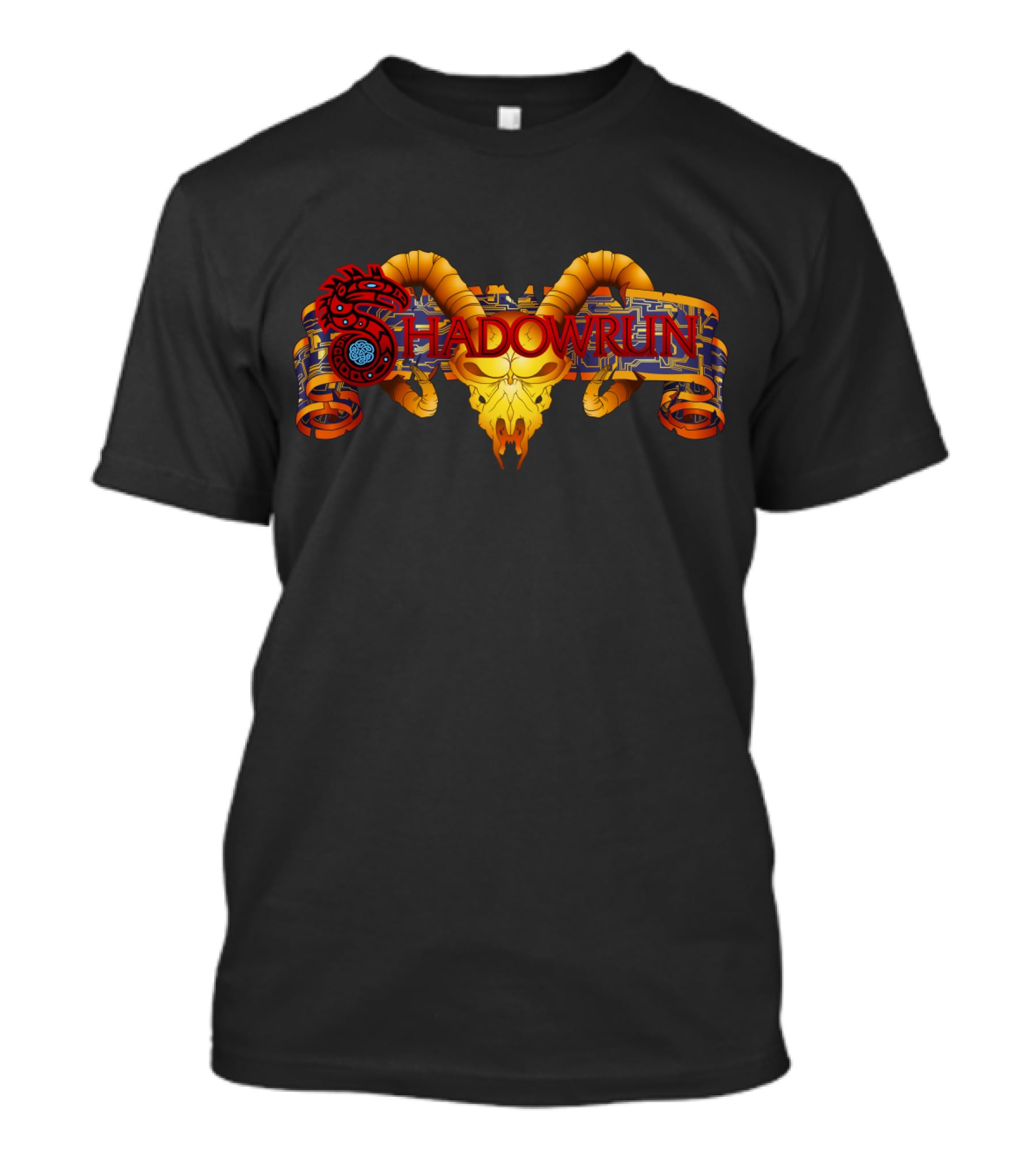 Shadowrun Red Spiral Dragon And Yellow Horned Skull T-Shirt