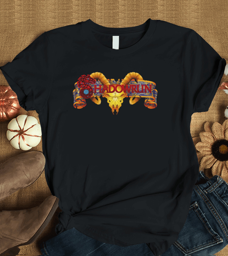 Shadowrun Red Spiral Dragon And Yellow Horned Skull T-Shirt