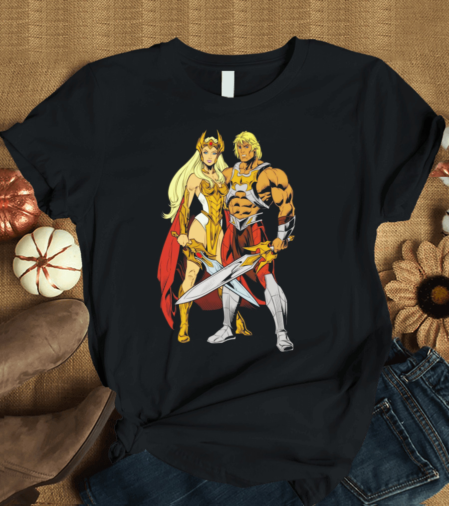 She Ra and He Man Classic Characters with Swords and Red Cape T-Shirt