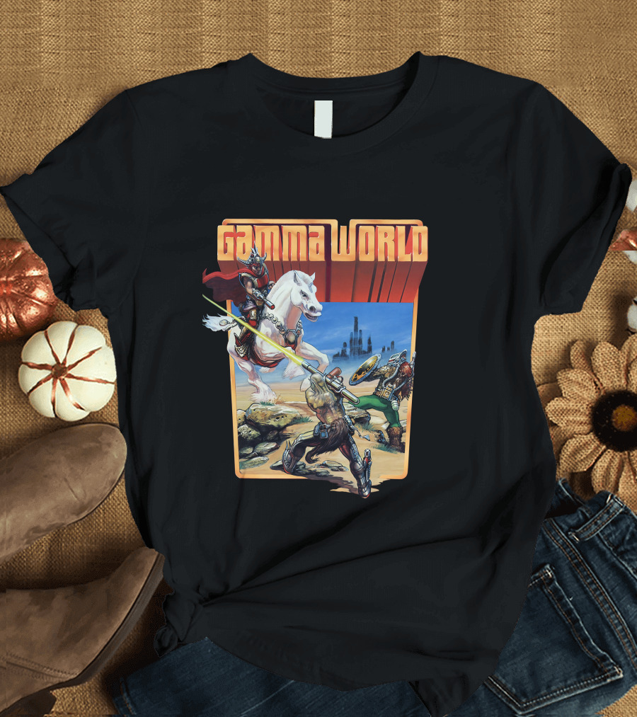 Gamma World Adventure Battle Scene with Futuristic Warriors and White Horse T-Shirt