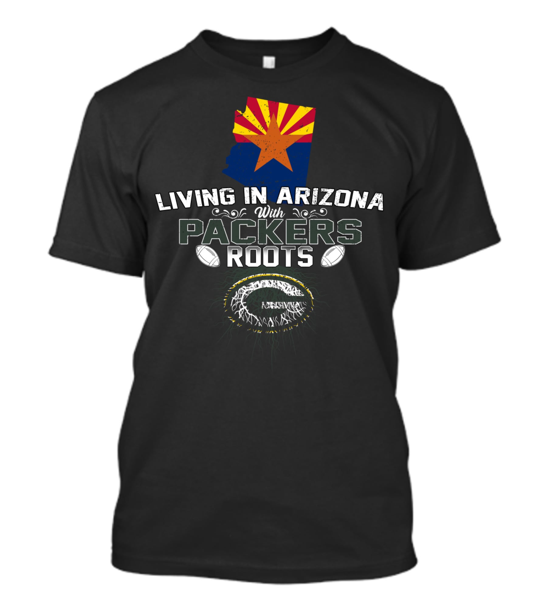 Living In Arizona With Packers Roots And Arizona State Map With Football Motif T-Shirt